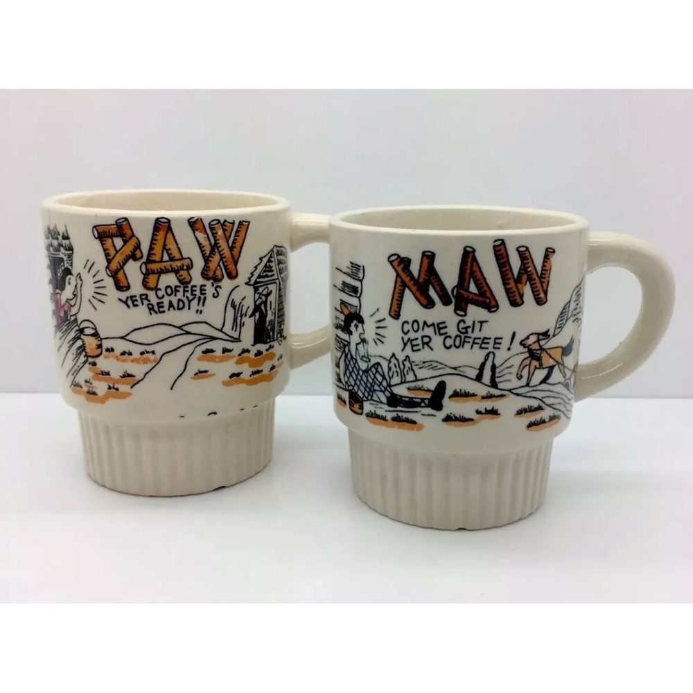 MUG SET (2) MAW PAW 1950s HandPainted Hillbilly Humor Cute Fun CottageCore Decor